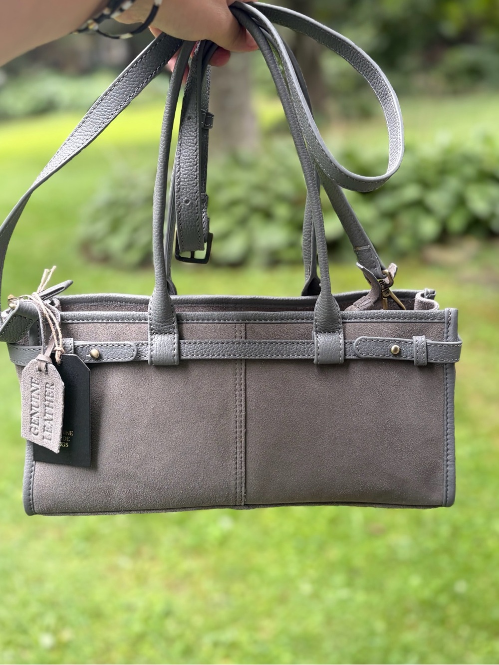NWT: Gray Genuine Leather Suede Structured East West Bag From India to You